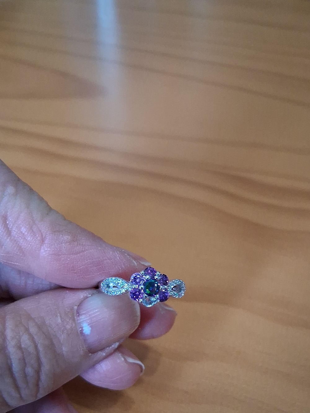 Silver Ring with Purple and Green Floral Gem Cluster